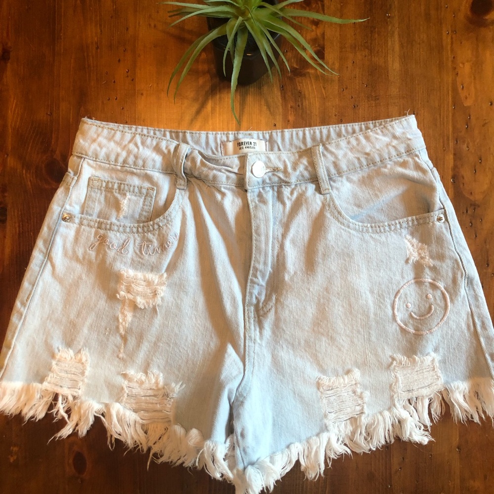 Smiley face embroidered high waisted jean shorts